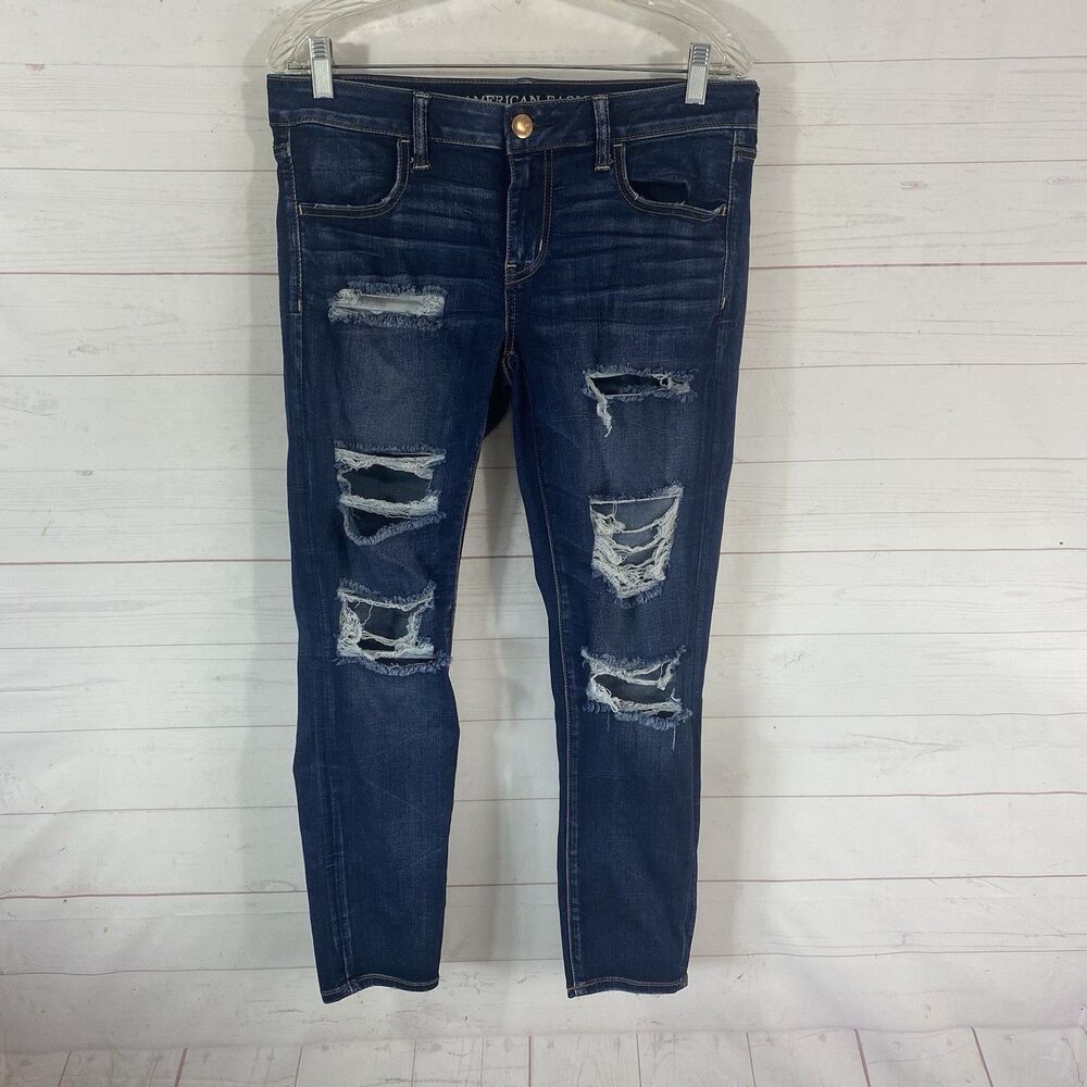 American Eagle Womens Super Low Crop Jegging Jean Sz 12 Distressed Blue Stretch